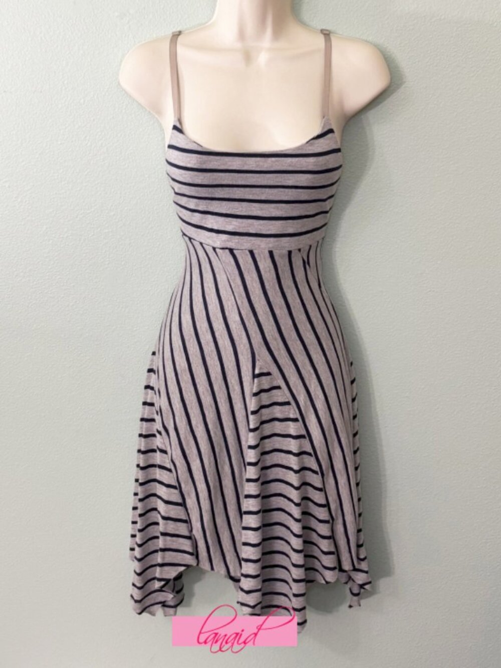 Ginger G Heathered Gray Navy Striped Fit & Flare Skater Asymmetrical A-Line Mini